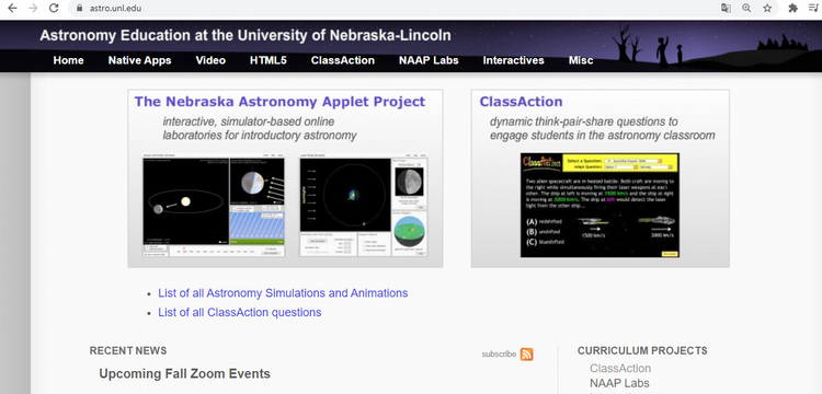 Site do projeto Astronomy Education da Universidade de Nebraska-Lincoln