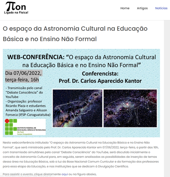 Imagem 6 – Divulgação da webconferência do professor Carlos Kantor pelo Portal Píon