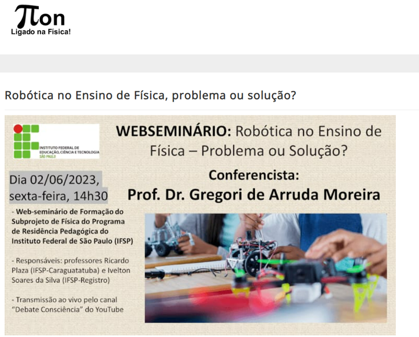 Imagem 9 – Divulgação deste webseminário feito pelo Portal Píon da SBF