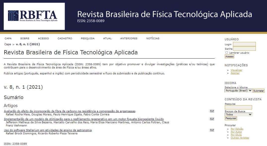 Capa da Revista Brasileira de Física Tecnológica Aplicada em seu site em 20 de maio de 2021