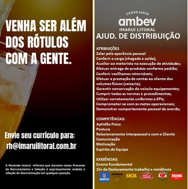 Oportunidade de Trabalho Cervejaria AMBEV - Ajudante de Distribuição