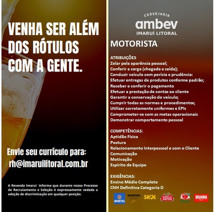 Oportunidade de Trabalho Cervejaria AMBEV - Motorista